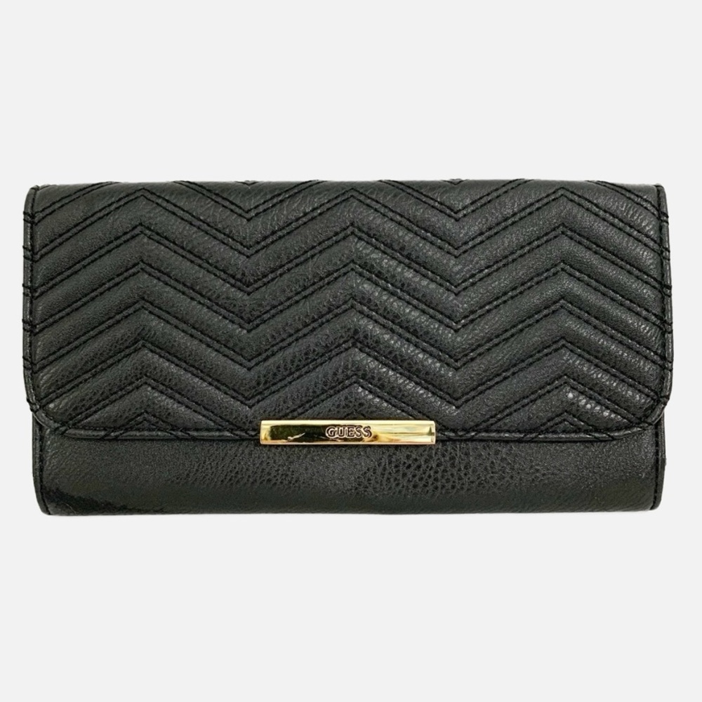 Guess Black Clutch with ID Window and Card Slots Flap Closure with Magnetic Snap